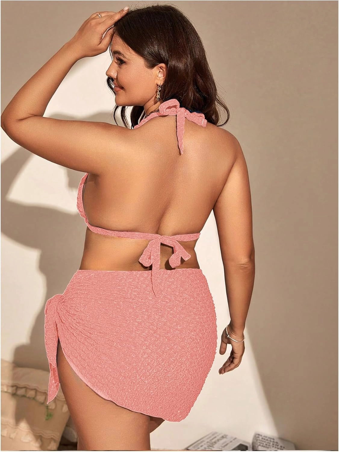 MakeMeChic Women's Plus Size 3 Piece Bikini Sets Tie Backless Halter Triangle Swimsuit Bathing Suit Cover Up Beach Skirts