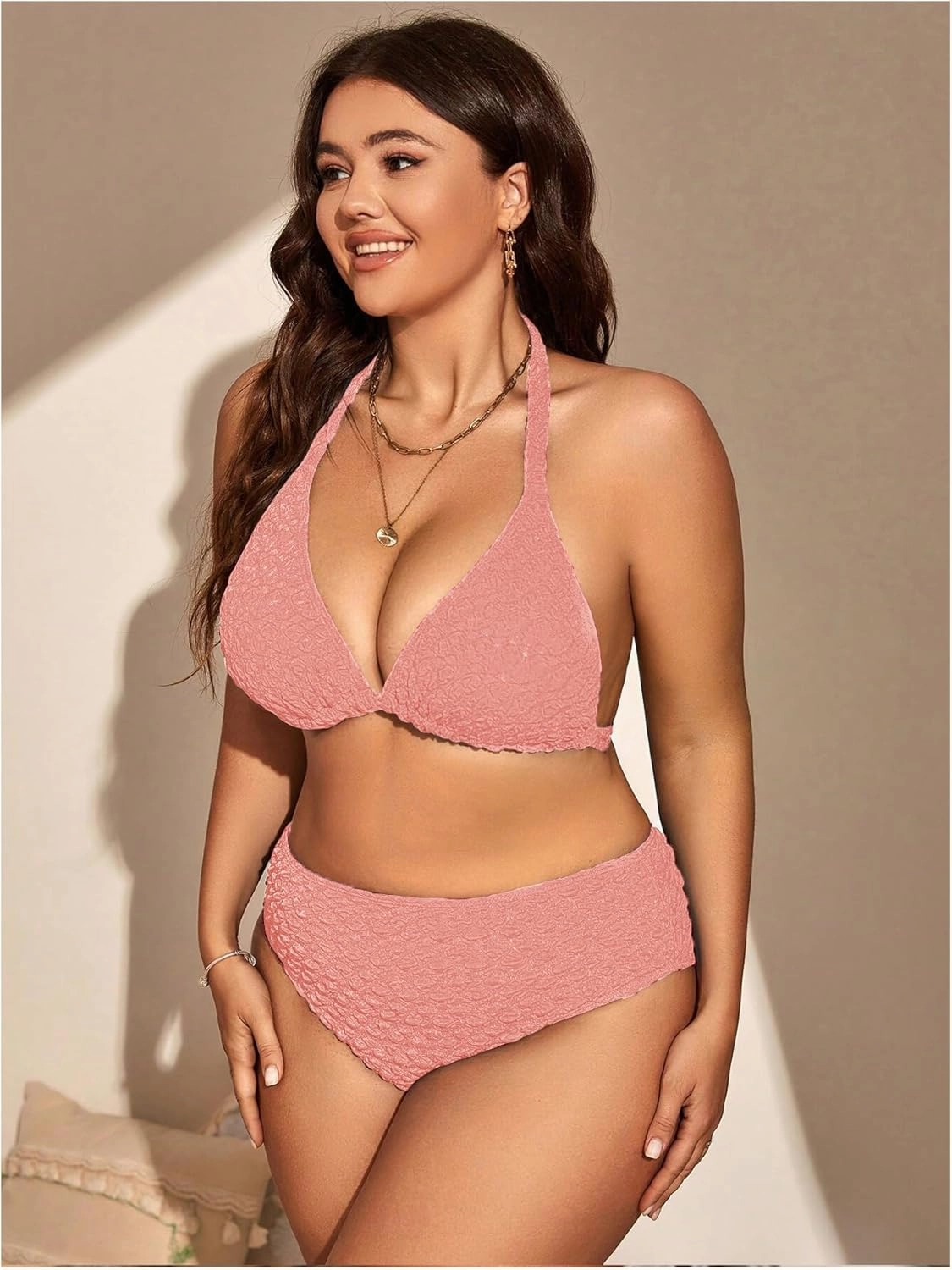 MakeMeChic Women's Plus Size 3 Piece Bikini Sets Tie Backless Halter Triangle Swimsuit Bathing Suit Cover Up Beach Skirts