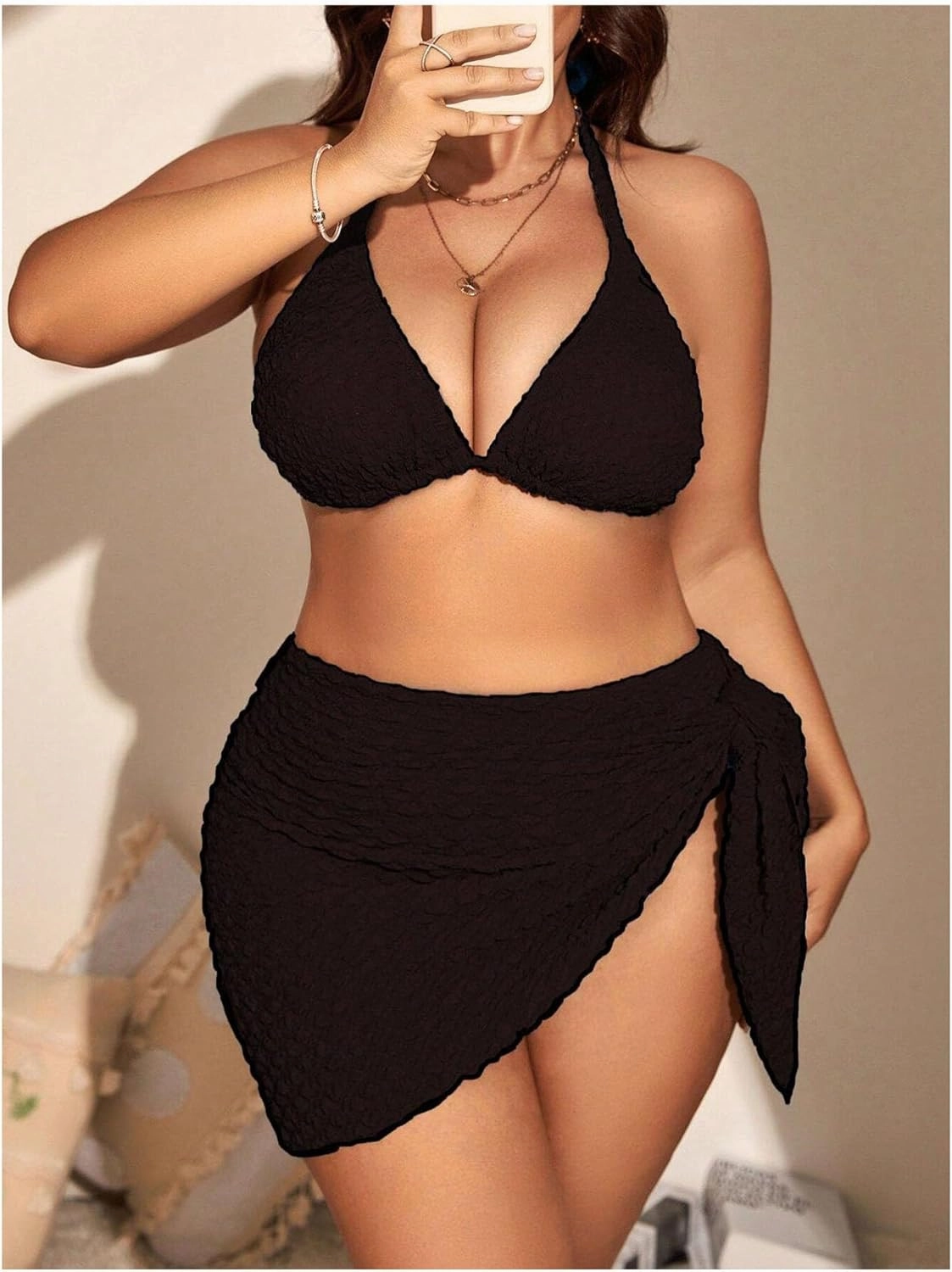 MakeMeChic Women's Plus Size 3 Piece Bikini Sets Tie Backless Halter Triangle Swimsuit Bathing Suit Cover Up Beach Skirts