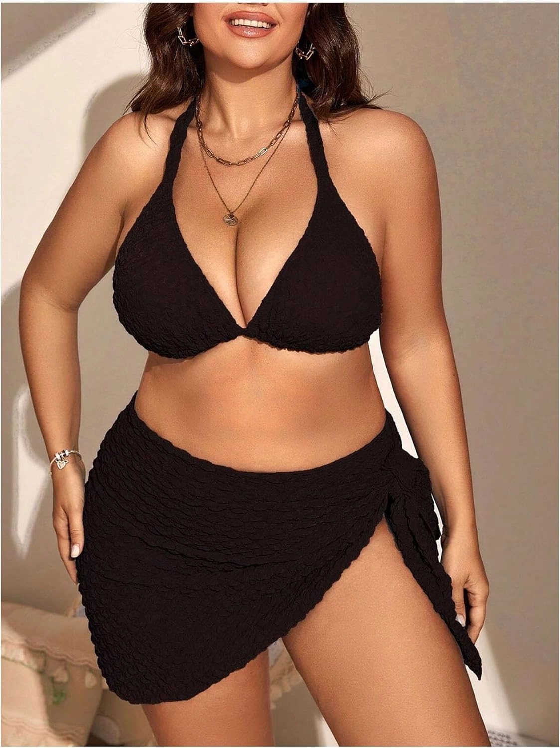 MakeMeChic Women's Plus Size 3 Piece Bikini Sets Tie Backless Halter Triangle Swimsuit Bathing Suit Cover Up Beach Skirts