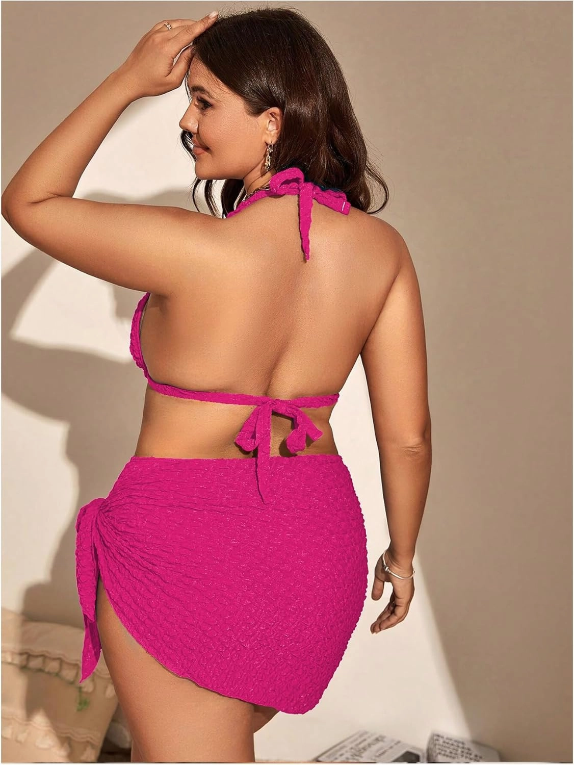 MakeMeChic Women's Plus Size 3 Piece Bikini Sets Tie Backless Halter Triangle Swimsuit Bathing Suit Cover Up Beach Skirts