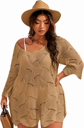 MakeMeChic Women's Plus Size Swimsuit Crochet Cover Up Bathing Suit Beach Dress
