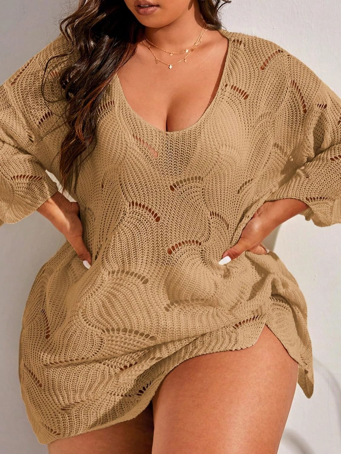 MakeMeChic Women's Plus Size Swimsuit Crochet Cover Up Bathing Suit Beach Dress