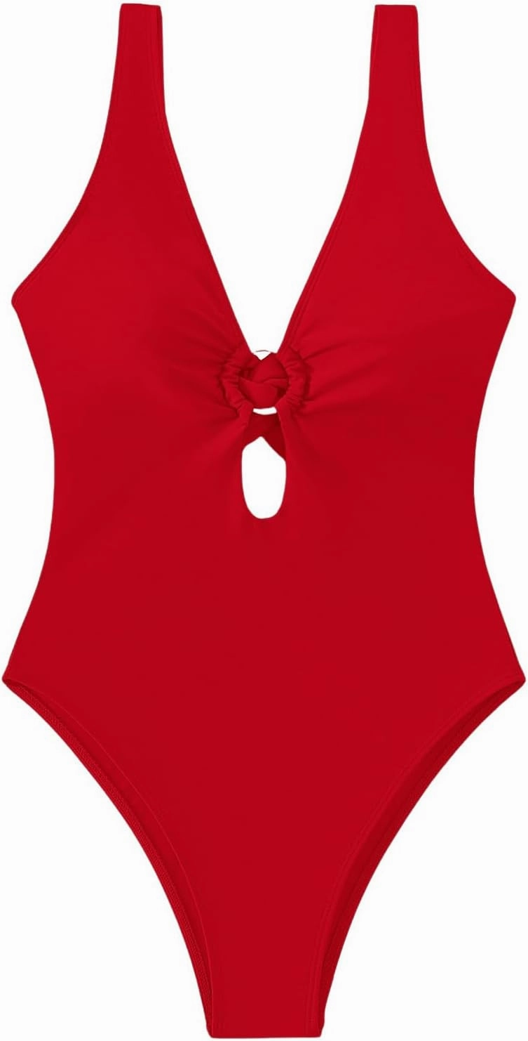 MakeMeChic Women's Twist Back Cut Out Ring Plunge Neck One Piece Swimsuit Bathing Suit