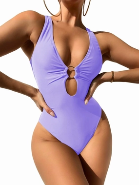 MakeMeChic Women's Twist Back Cut Out Ring Plunge Neck One Piece Swimsuit Bathing Suit