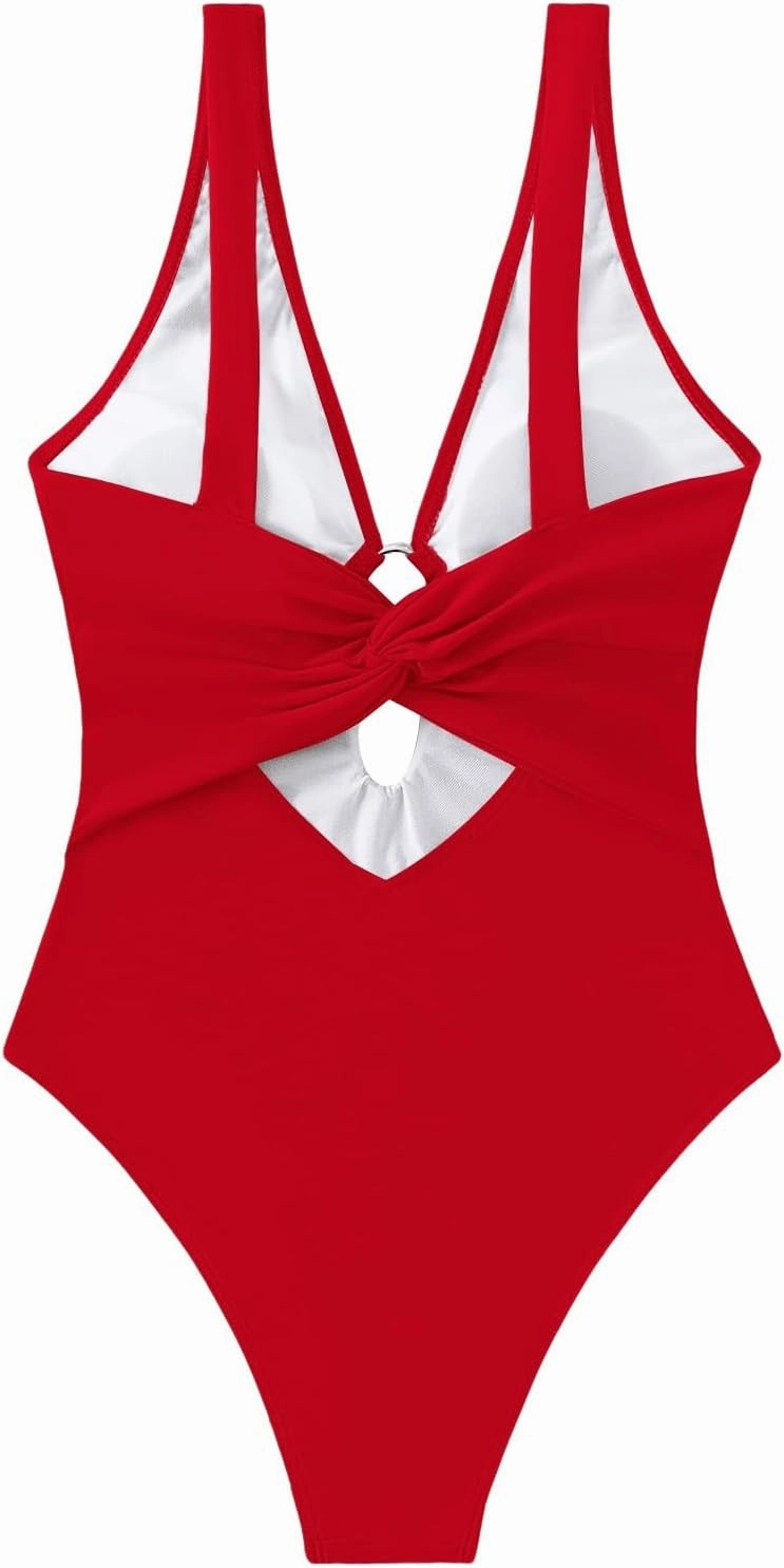 MakeMeChic Women's Twist Back Cut Out Ring Plunge Neck One Piece Swimsuit Bathing Suit