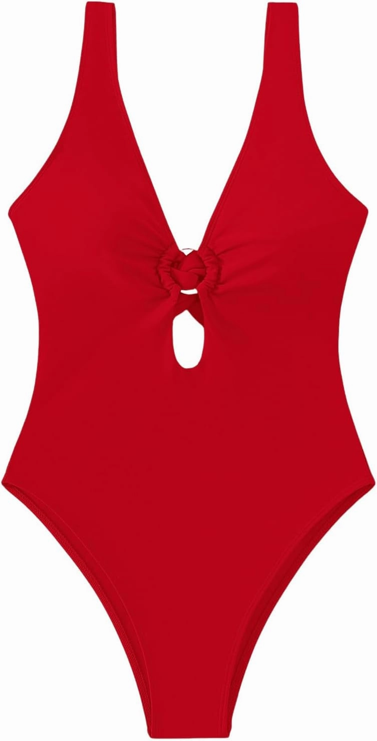 MakeMeChic Women's Twist Back Cut Out Ring Plunge Neck One Piece Swimsuit Bathing Suit