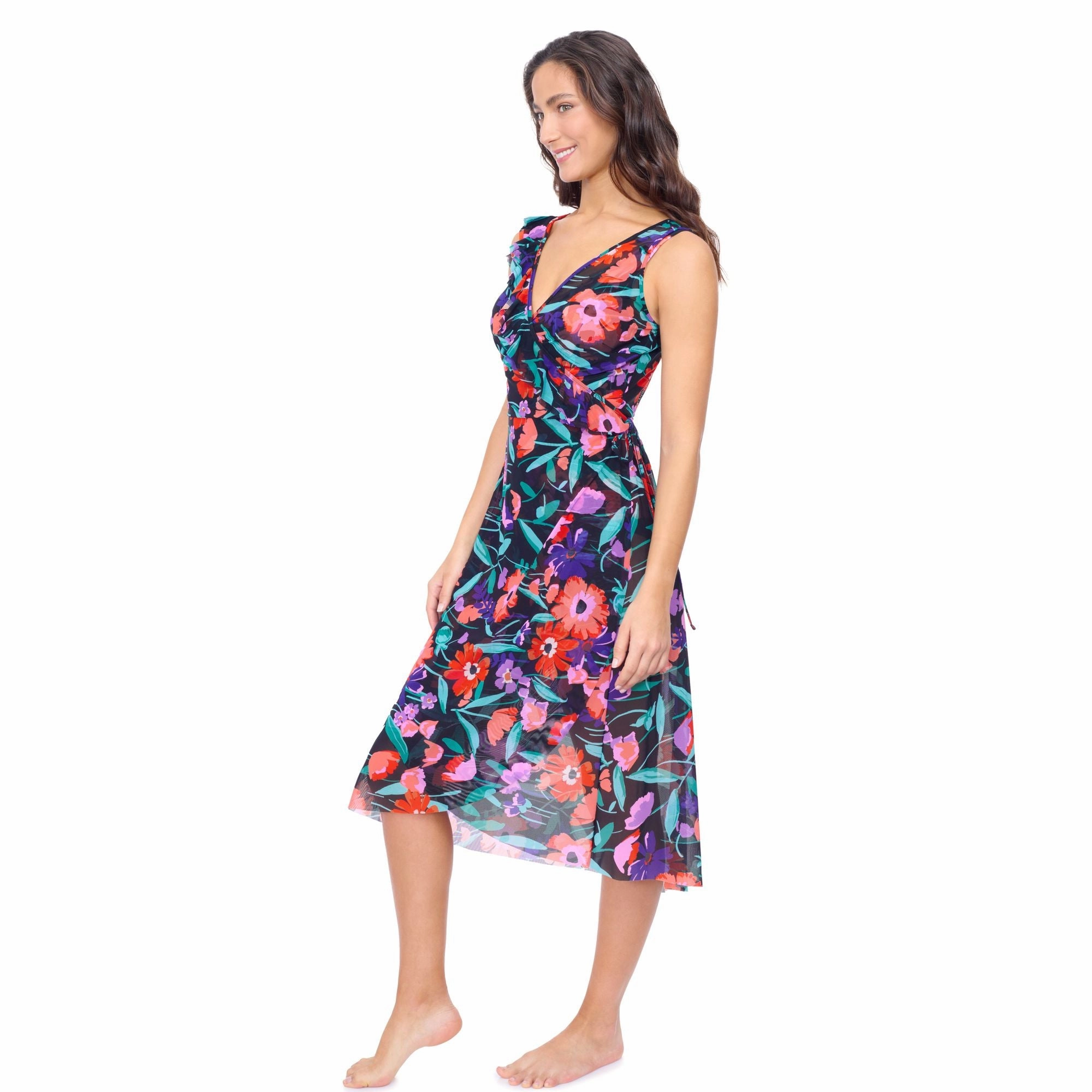 Marguerite V Neck Asymmetrical Ruffle Midi Wrap Mesh Dress