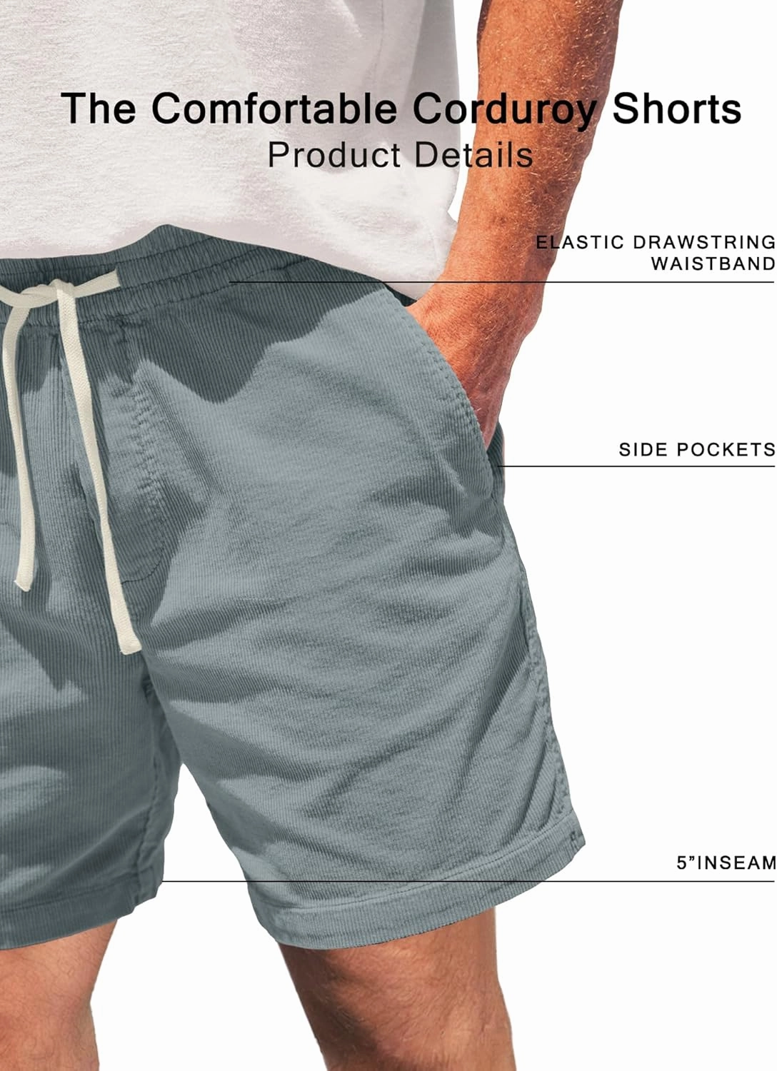 Men's Corduroy Shorts 5 Inch Inseam Drawstring Elastic Waist Lightweight Casual Summer Beach Shorts with Pocket