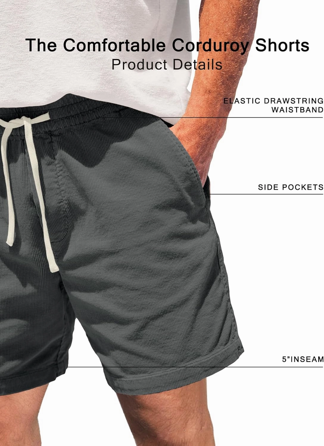 Men's Corduroy Shorts 5 Inch Inseam Drawstring Elastic Waist Lightweight Casual Summer Beach Shorts with Pocket