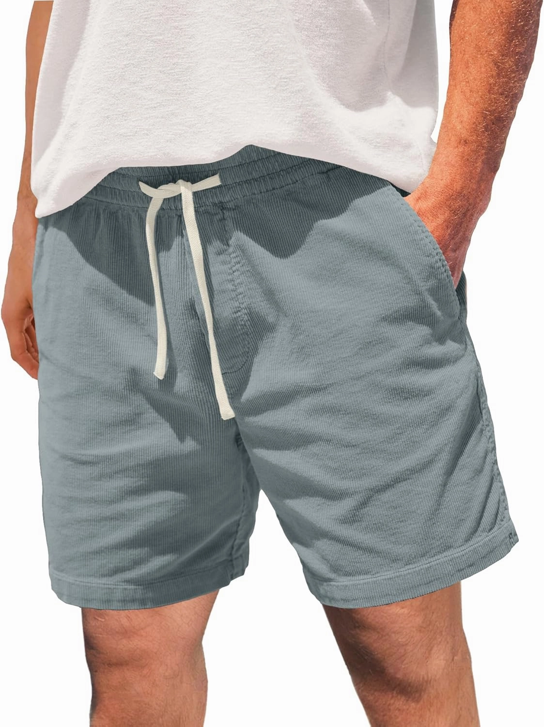 Men's Corduroy Shorts 5 Inch Inseam Drawstring Elastic Waist Lightweight Casual Summer Beach Shorts with Pocket