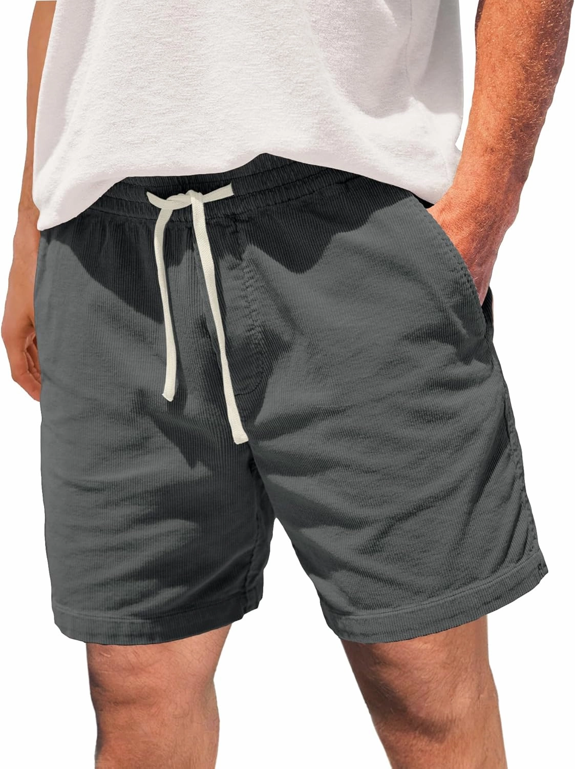 Men's Corduroy Shorts 5 Inch Inseam Drawstring Elastic Waist Lightweight Casual Summer Beach Shorts with Pocket