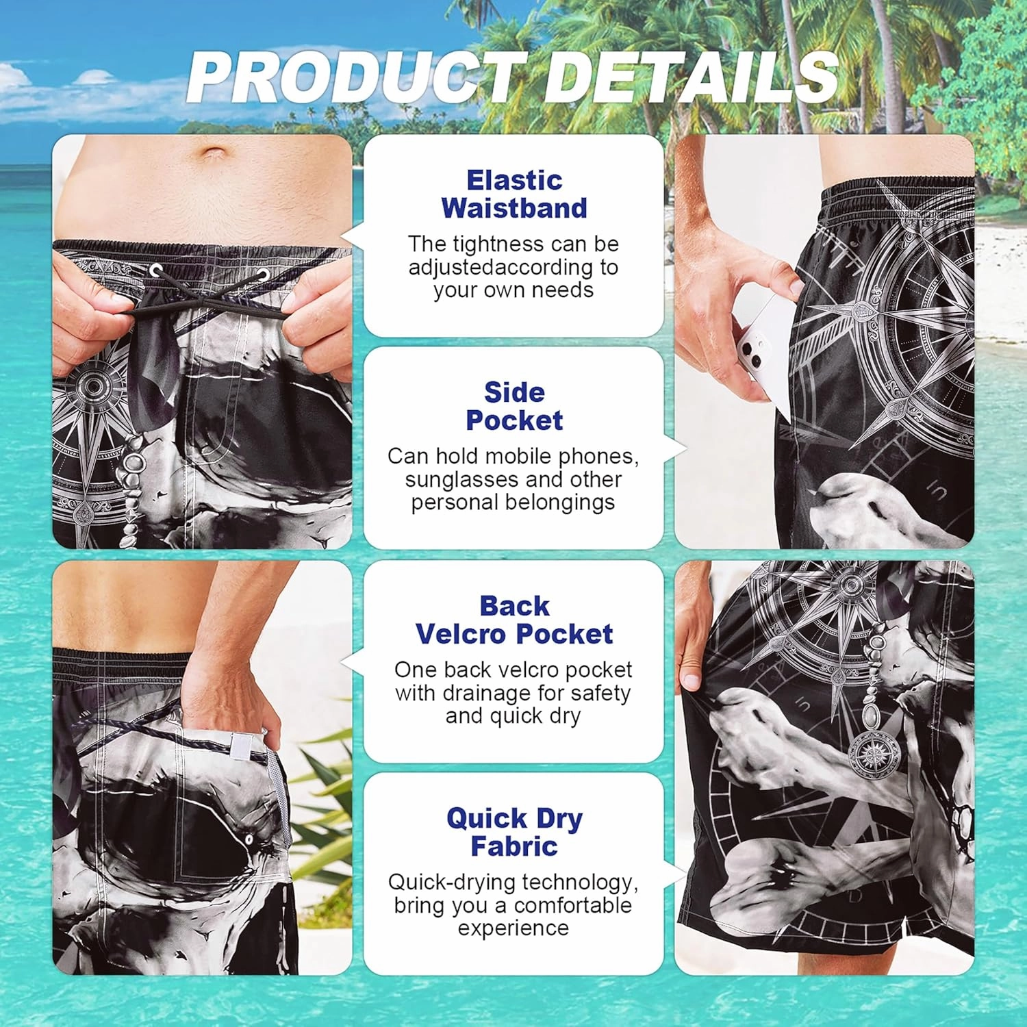 Mens Swim Trunks Quick Dry Board Shorts with Mesh Lining, Breathable Fit Print Beach Shorts Swimwear Bathing Suits
