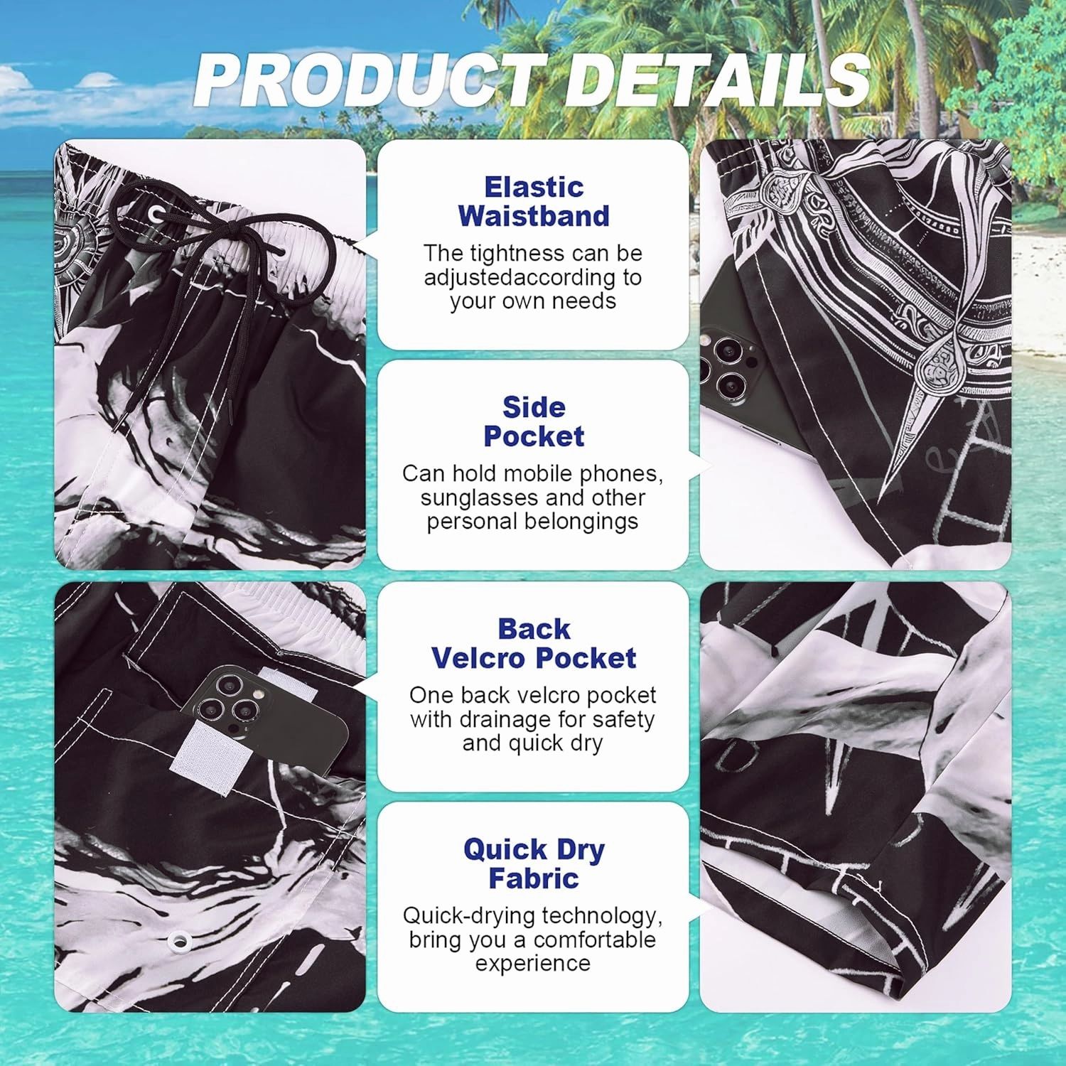Mens Swim Trunks Quick Dry Board Shorts with Mesh Lining, Breathable Fit Print Beach Shorts Swimwear Bathing Suits