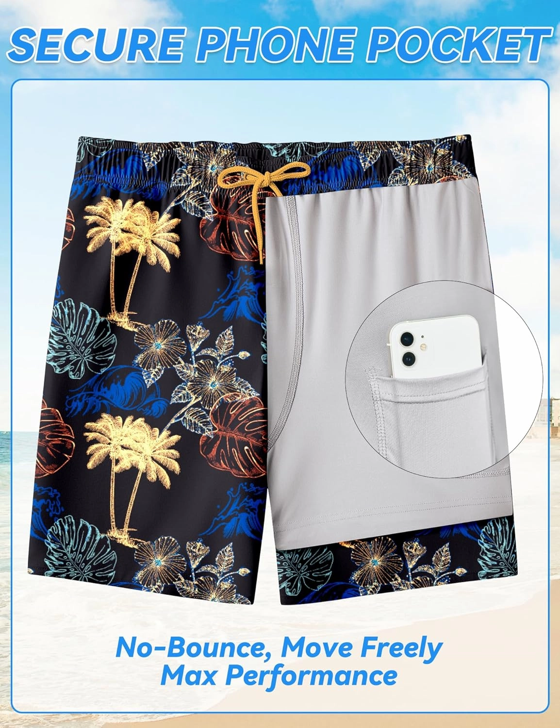 Mens Swim Trunks with Compression Liner 8 inch Quick-Dry Lightweight 2 in 1 Board Shorts 4-Way Stretch UPF 50 
