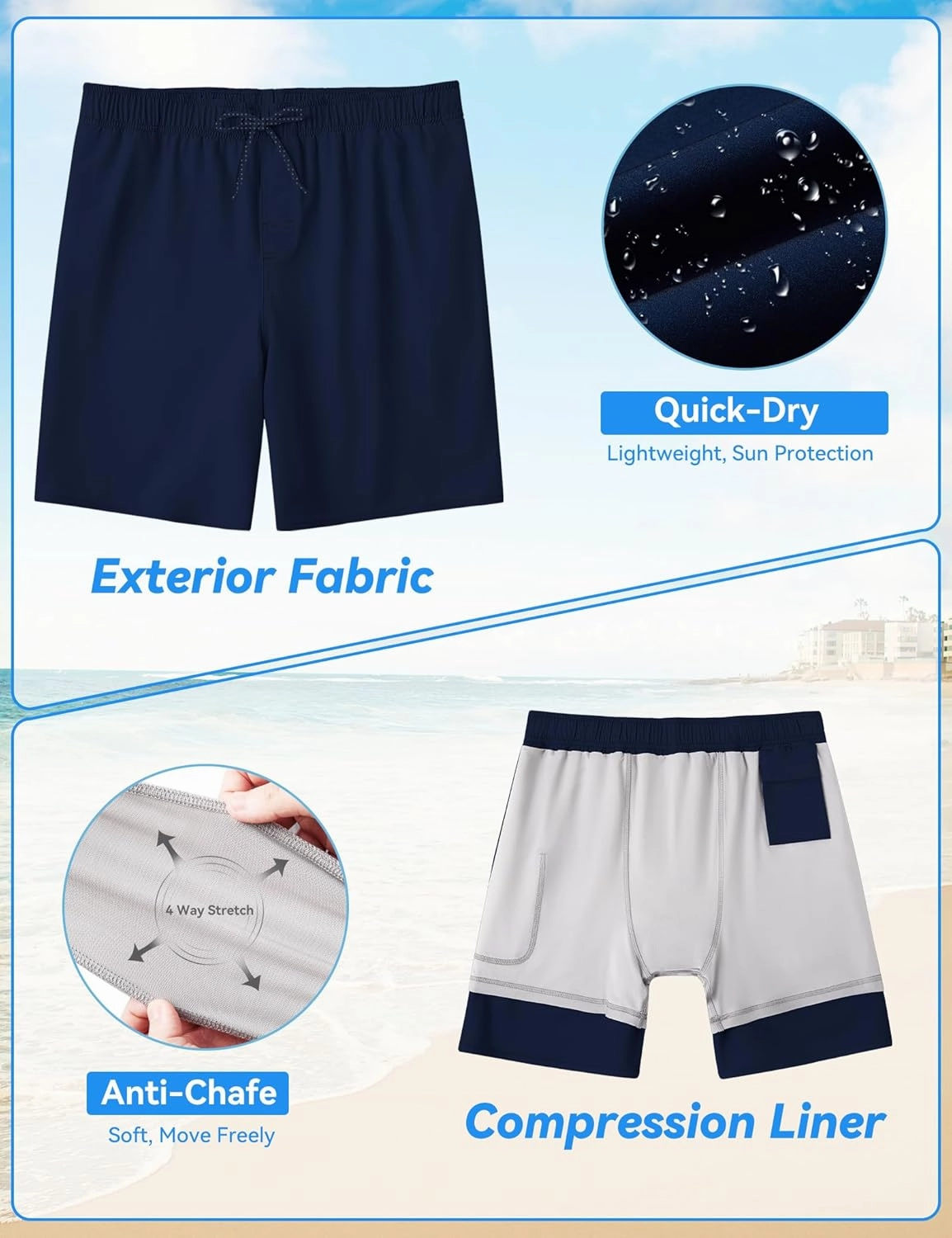 Mens Swim Trunks with Compression Liner 8 inch Quick-Dry Lightweight 2 in 1 Board Shorts 4-Way Stretch UPF 50 