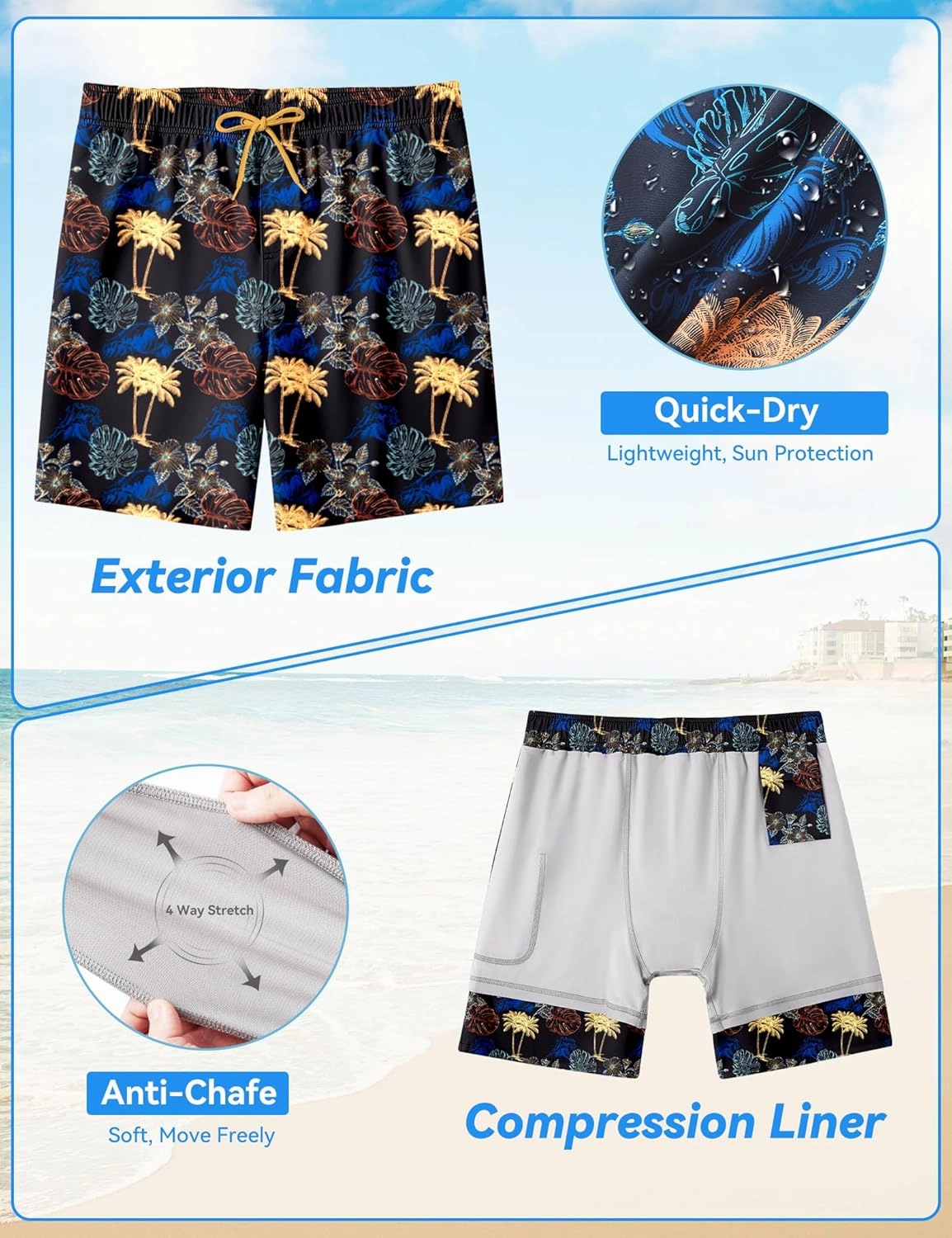Mens Swim Trunks with Compression Liner 8 inch Quick-Dry Lightweight 2 in 1 Board Shorts 4-Way Stretch UPF 50 