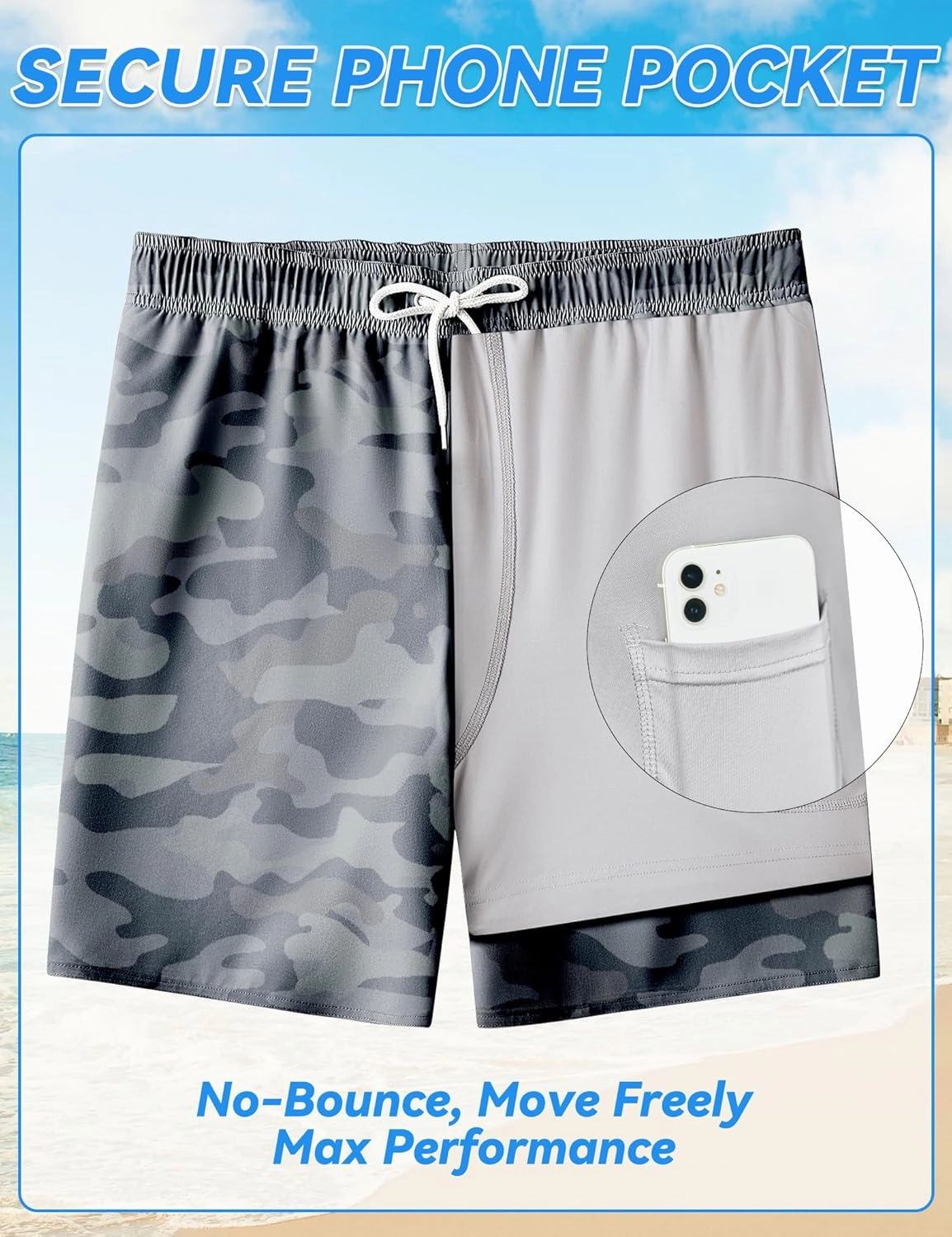 Mens Swim Trunks with Compression Liner 8 inch Quick-Dry Lightweight 2 in 1 Board Shorts 4-Way Stretch UPF 50 