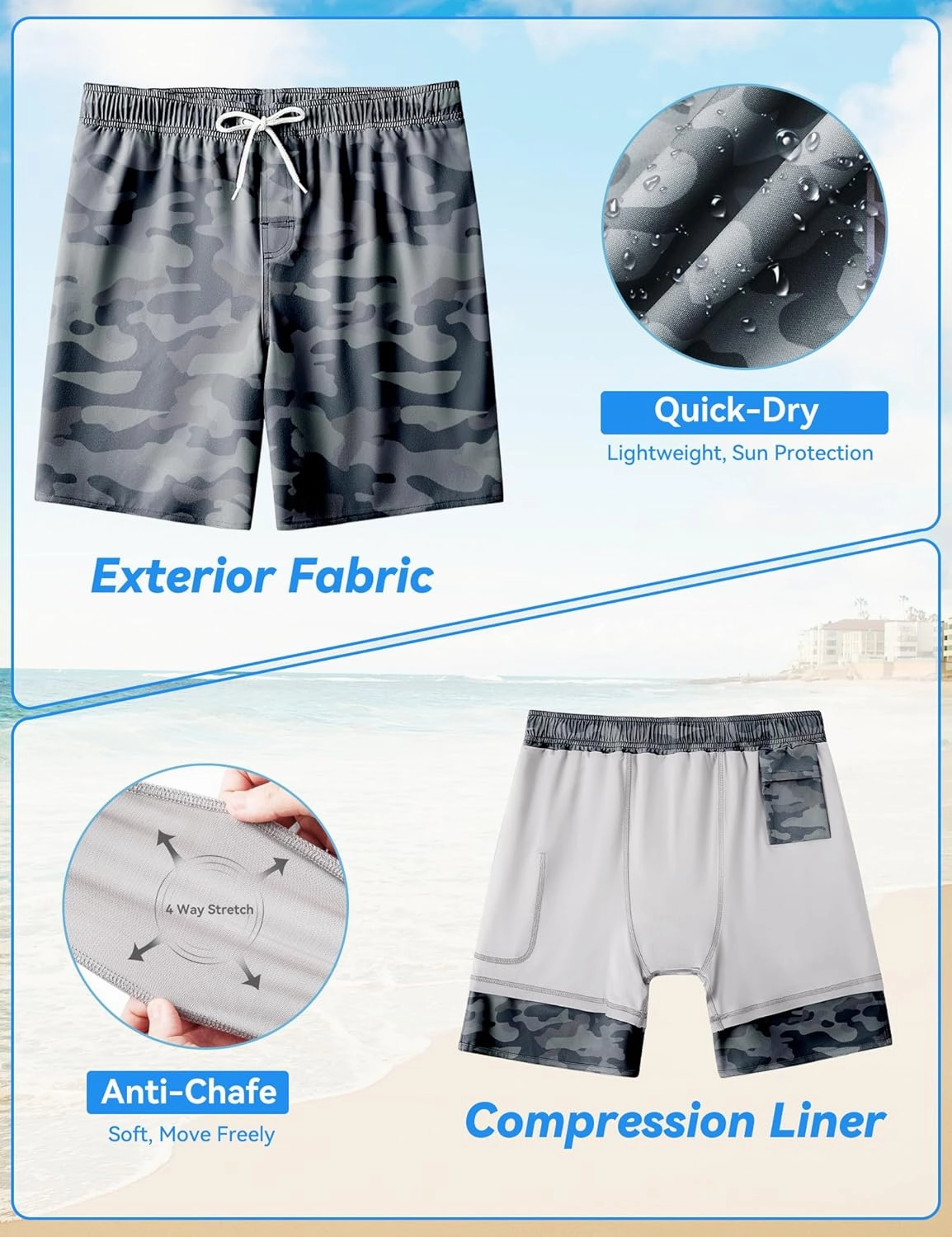 Mens Swim Trunks with Compression Liner 8 inch Quick-Dry Lightweight 2 in 1 Board Shorts 4-Way Stretch UPF 50 