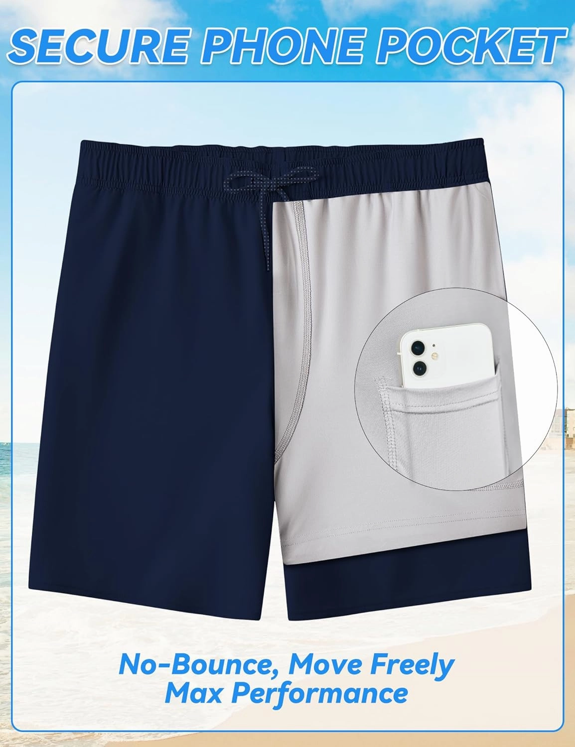 Mens Swim Trunks with Compression Liner 8 inch Quick-Dry Lightweight 2 in 1 Board Shorts 4-Way Stretch UPF 50 