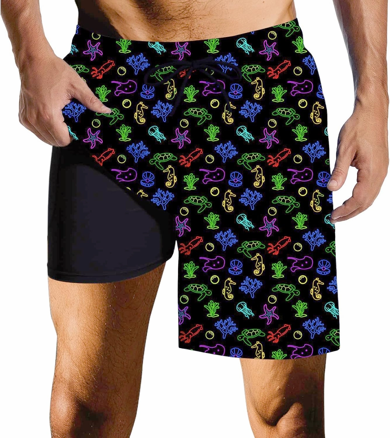 Mens Swim Trunks with Compression Liner Quick Dry Zipper Pocket Bathing