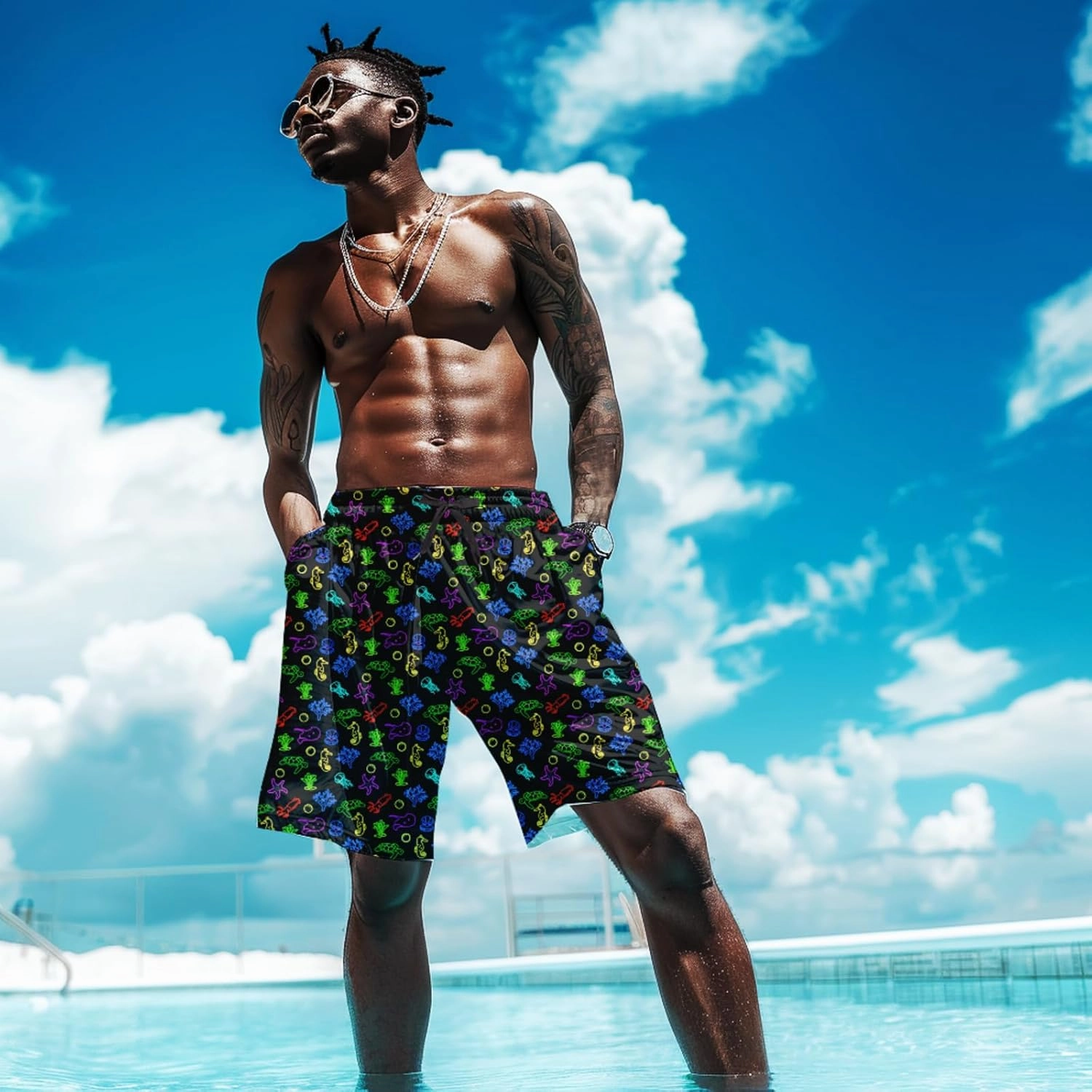 Mens Swim Trunks with Compression Liner Quick Dry Zipper Pocket Bathing