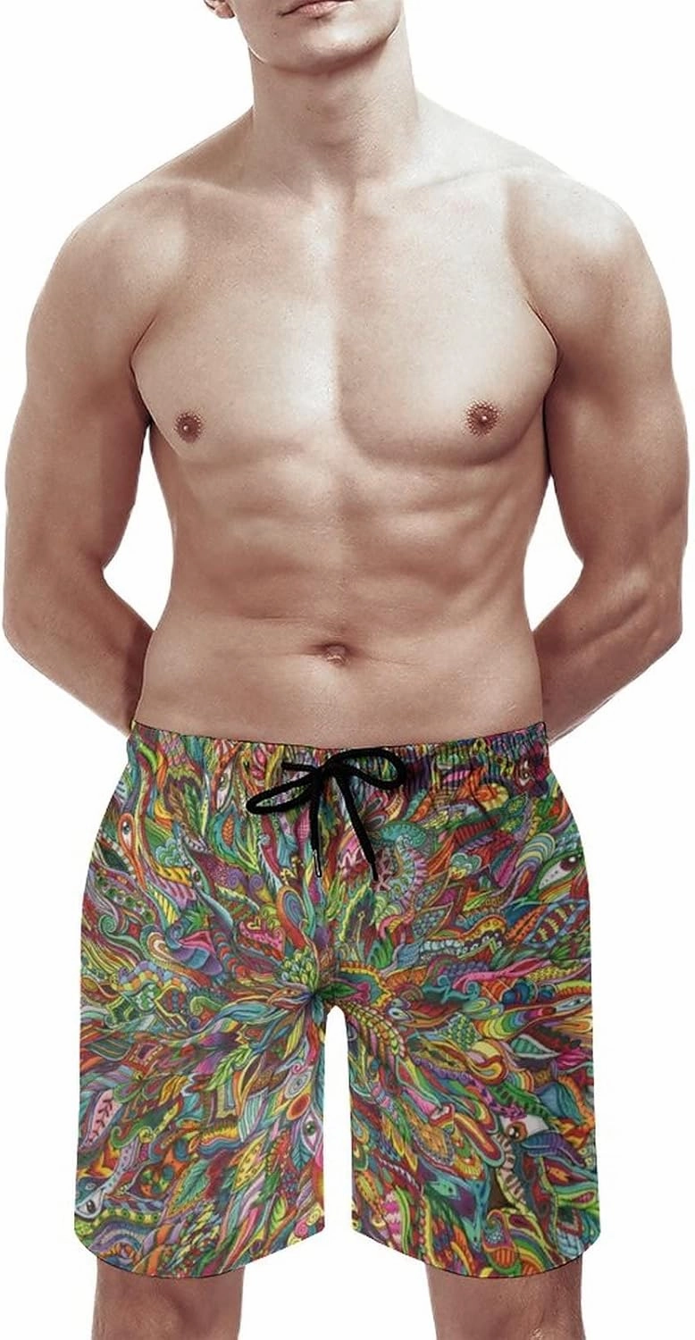 Mens Trippy Psychedelic Swim Trunks Beach Board Shorts with Mesh Lining and Pockets