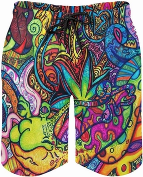 Mens Trippy Psychedelic Swim Trunks Beach Board Shorts with Mesh Lining and Pockets