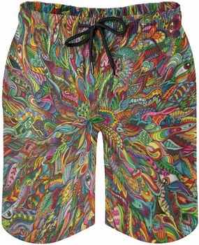 Mens Trippy Psychedelic Swim Trunks Beach Board Shorts with Mesh Lining and Pockets