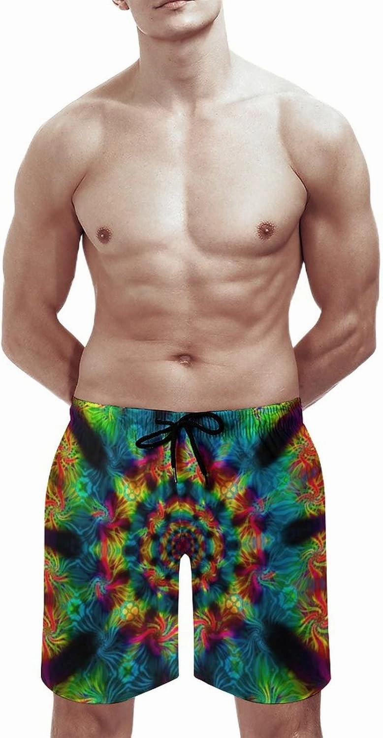 Mens Trippy Psychedelic Swim Trunks Beach Board Shorts with Mesh Lining and Pockets