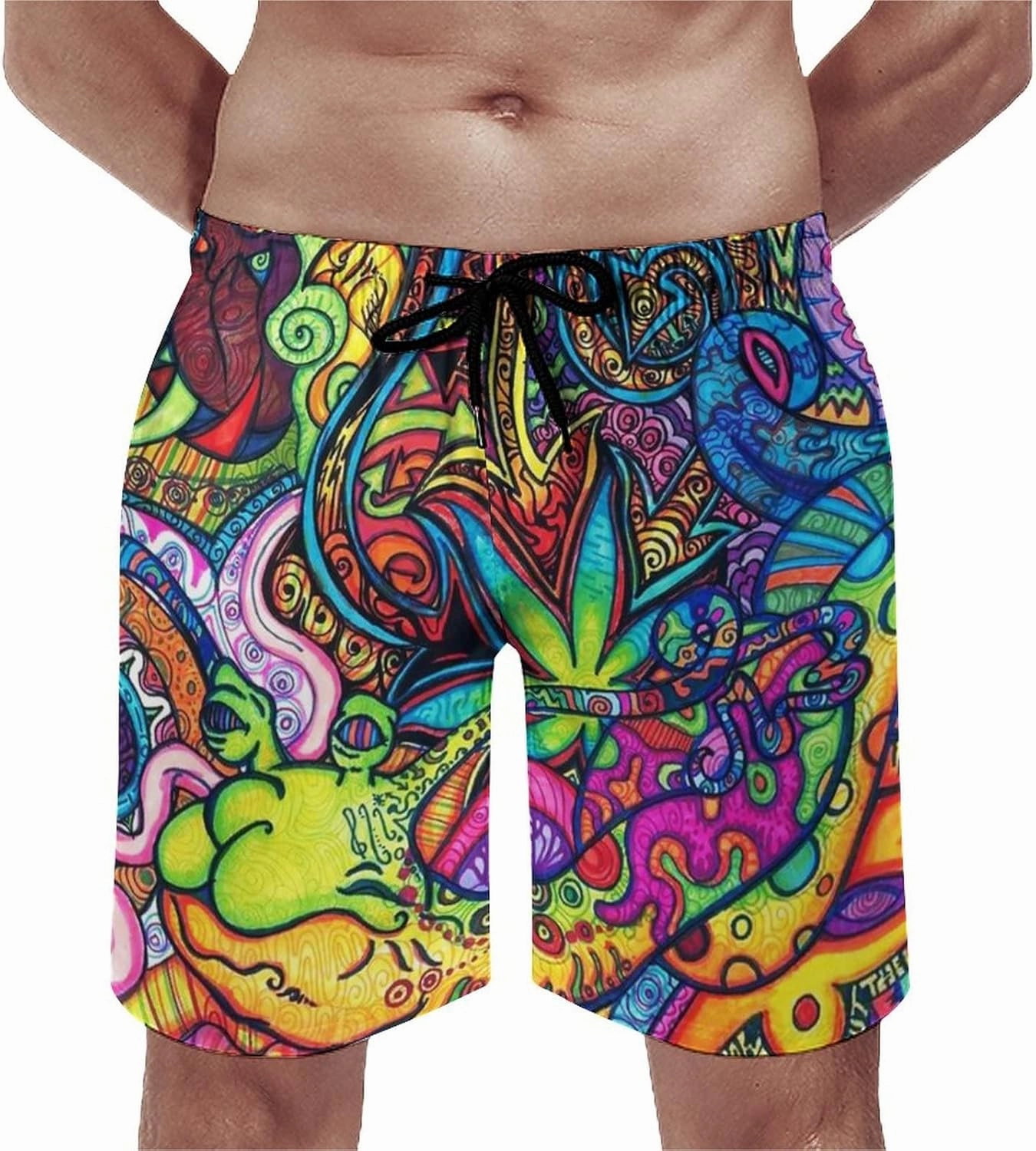 Mens Trippy Psychedelic Swim Trunks Beach Board Shorts with Mesh Lining and Pockets