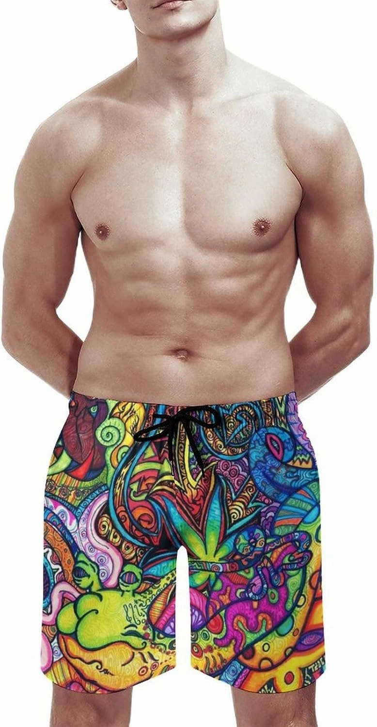 Mens Trippy Psychedelic Swim Trunks Beach Board Shorts with Mesh Lining and Pockets