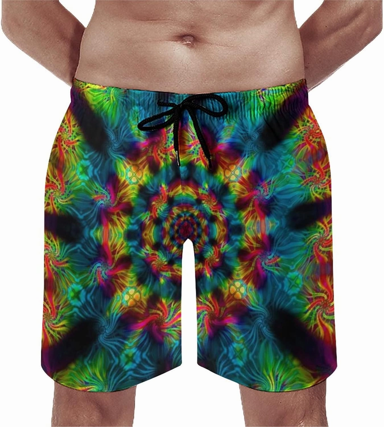 Mens Trippy Psychedelic Swim Trunks Beach Board Shorts with Mesh Lining and Pockets