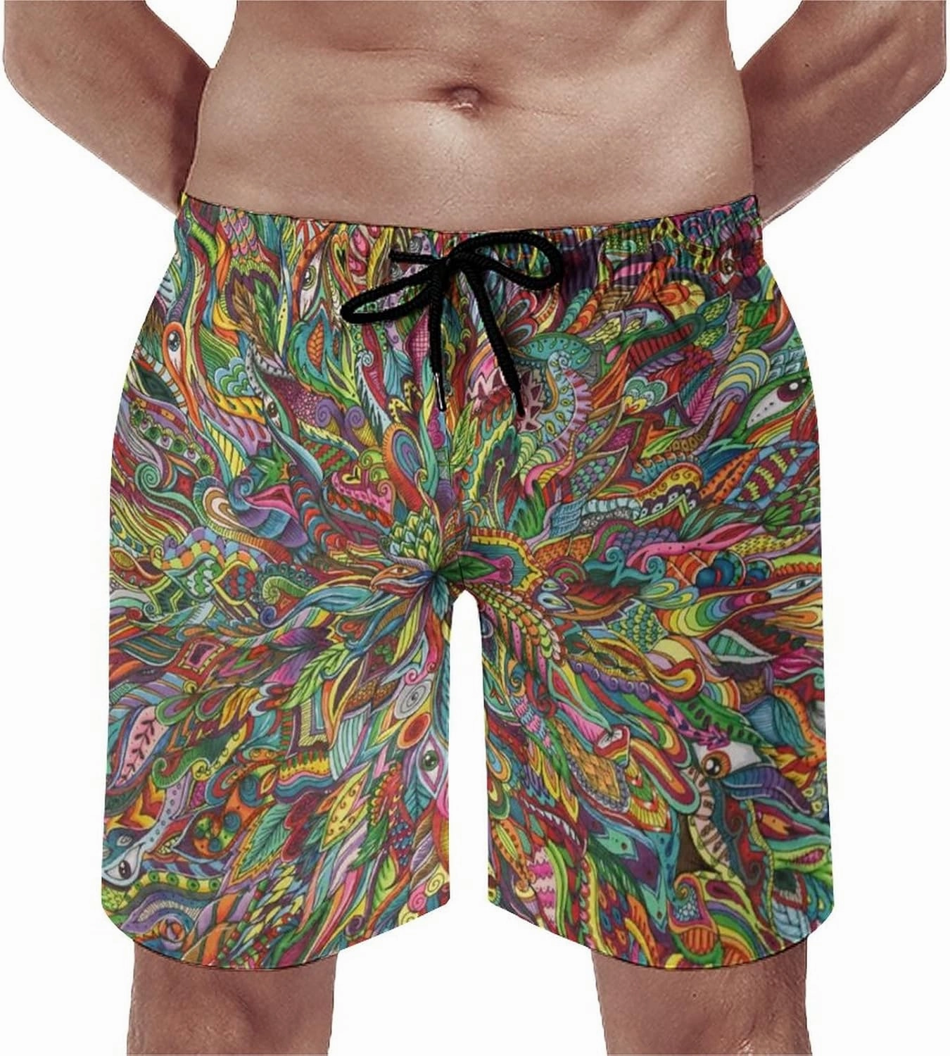 Mens Trippy Psychedelic Swim Trunks Beach Board Shorts with Mesh Lining and Pockets