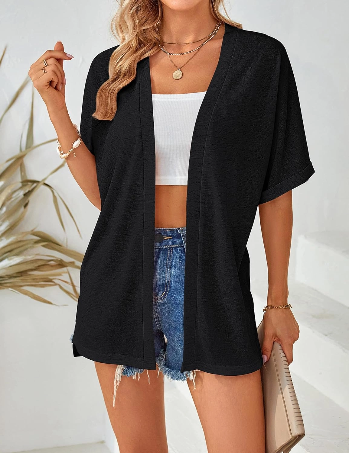MEROKEETY Womens 2025 Summer Lightweight Cardigan Short Sleeve Open Front Casual Loose Cover Ups