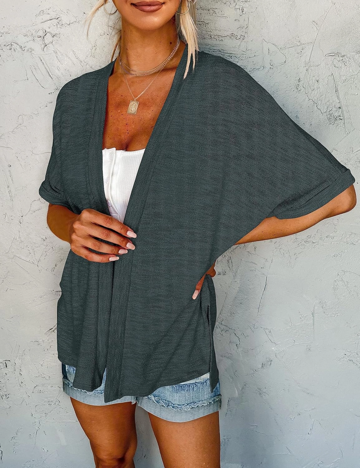 MEROKEETY Womens 2025 Summer Lightweight Cardigan Short Sleeve Open Front Casual Loose Cover Ups