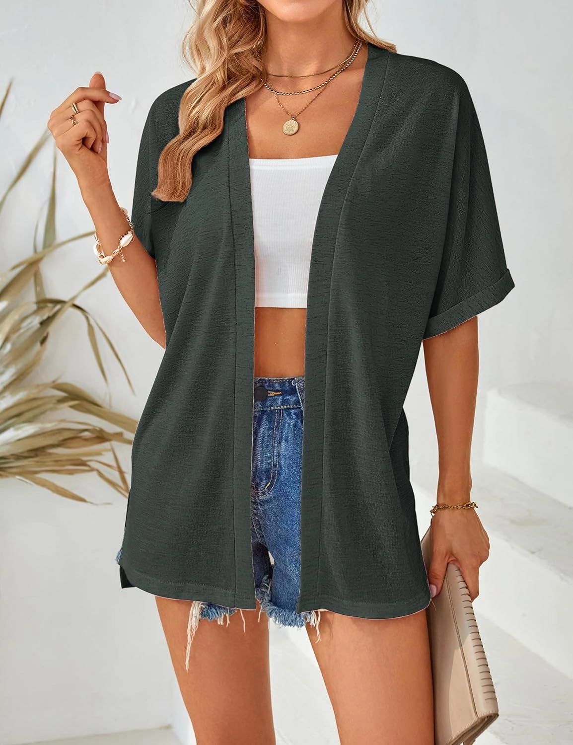 MEROKEETY Womens 2025 Summer Lightweight Cardigan Short Sleeve Open Front Casual Loose Cover Ups