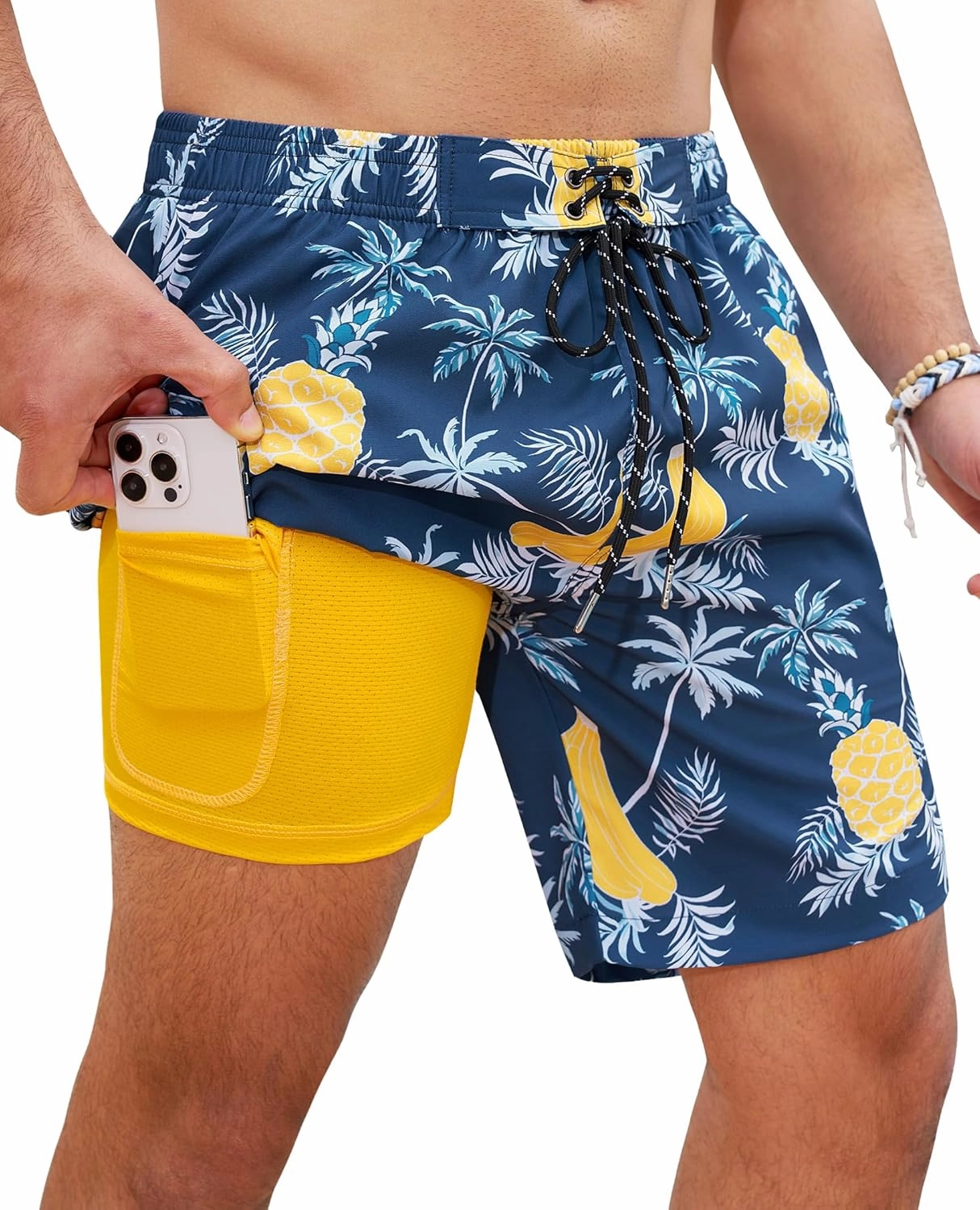 Milin Naco Mens Swim Trunks 7 Inch Inseam Compression Liner 2 in 1 Printed Swimming Short