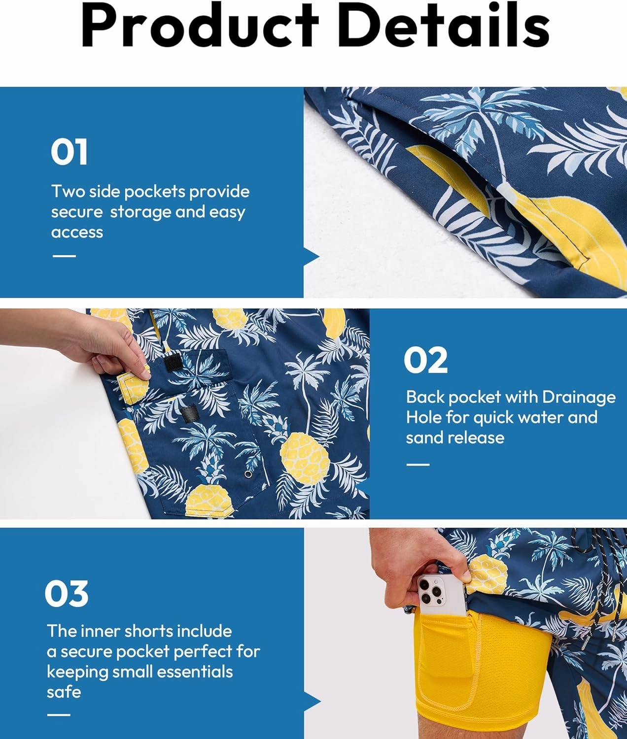 Milin Naco Mens Swim Trunks 7 Inch Inseam Compression Liner 2 in 1 Printed Swimming Short