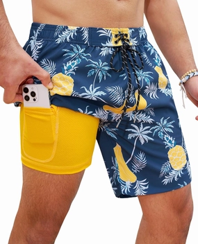 Milin Naco Mens Swim Trunks 7 Inch Inseam Compression Liner 2 in 1 Printed Swimming Short