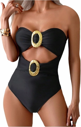 Milumia Women's Metal Ring One Piece Swimsuit Cut Out Strapless Bandeau Bathing Suits