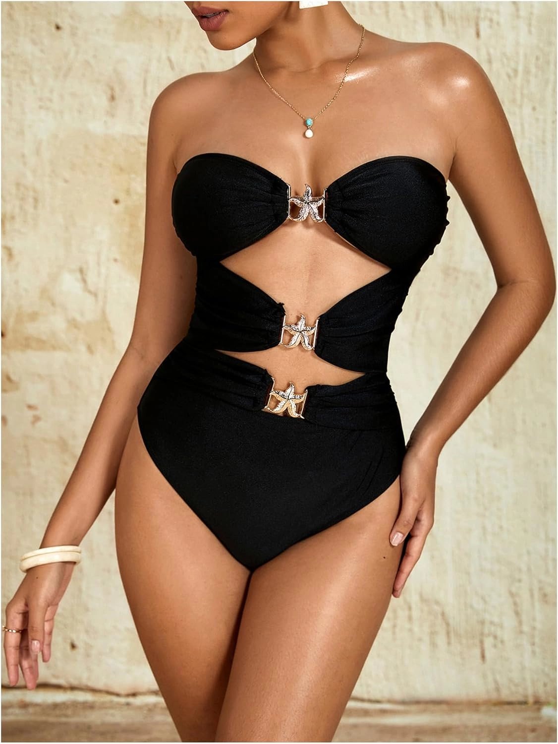 Milumia Women's Metal Starfish Cut Out Strapless Bathing Suit Ruched Bandeau Tube Top One Piece Swimsuits