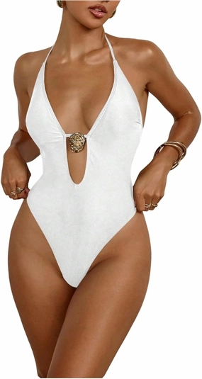 Milumia Women's One Piece Metal Cut Out Halter Swimsuit Sexy Deep V Neck Open Back Swimwear