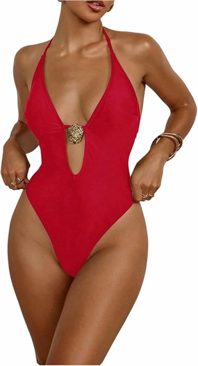 Milumia Women's One Piece Metal Cut Out Halter Swimsuit Sexy Deep V Neck Open Back Swimwear