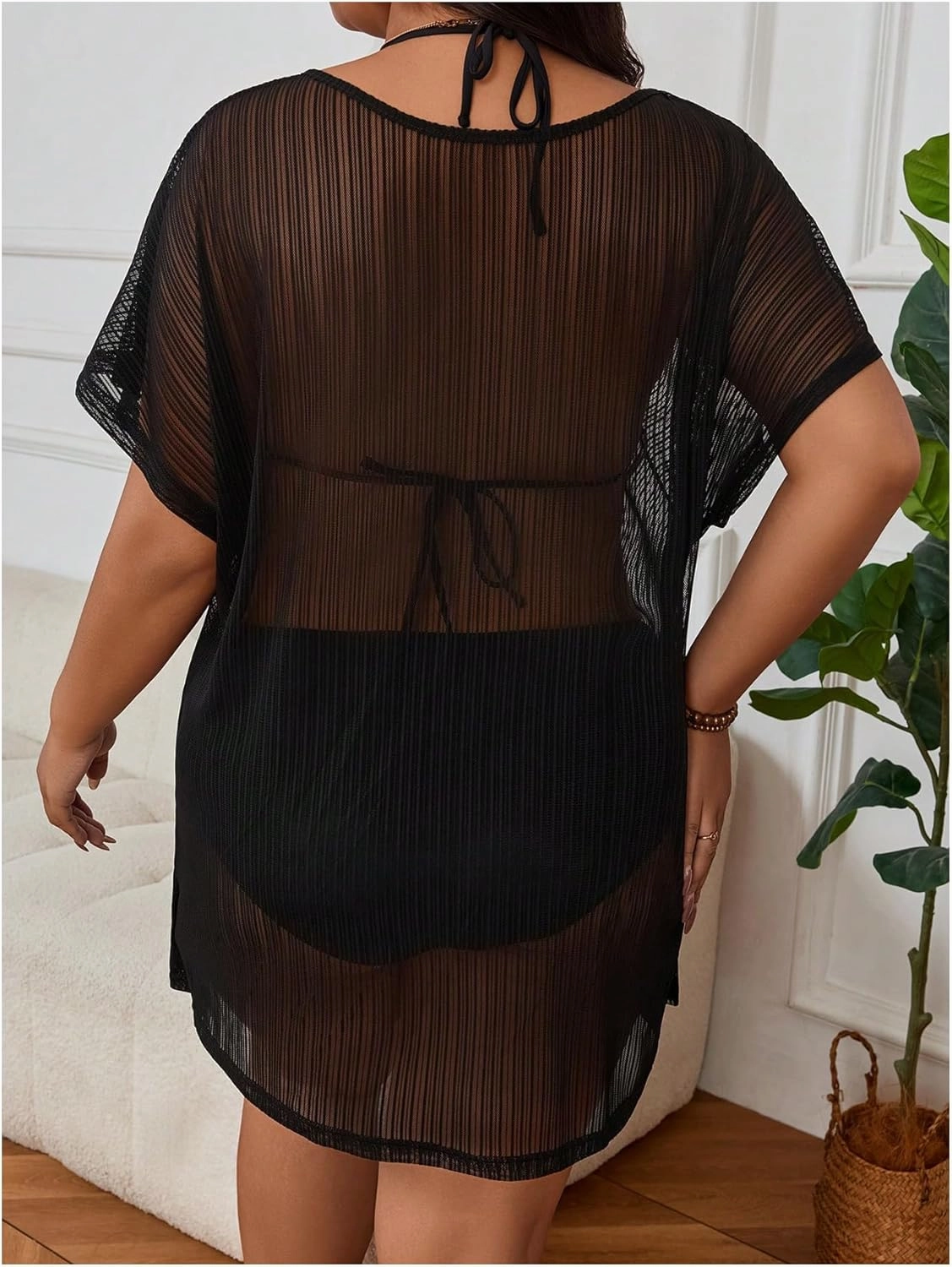 Milumia Women's Plus Size Beach Cover Up Mesh Sheer Short Sleeve Vacation Coverups