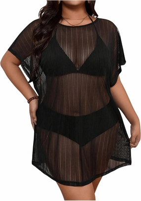 Milumia Women's Plus Size Beach Cover Up Mesh Sheer Short Sleeve Vacation Coverups