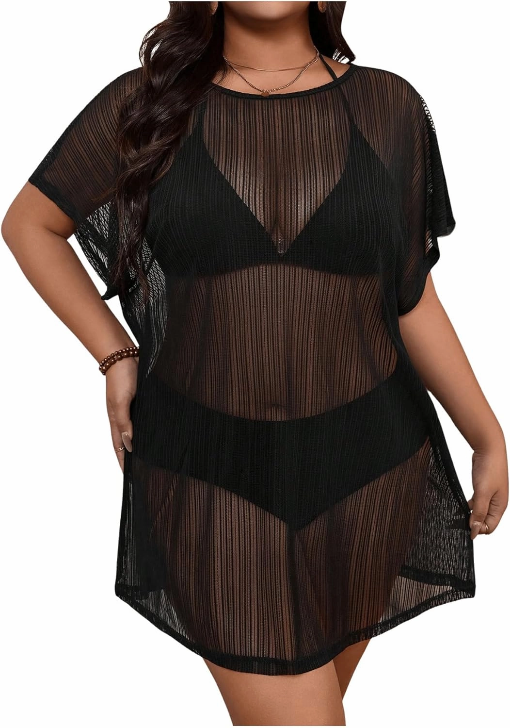 Milumia Women's Plus Size Beach Cover Up Mesh Sheer Short Sleeve Vacation Coverups