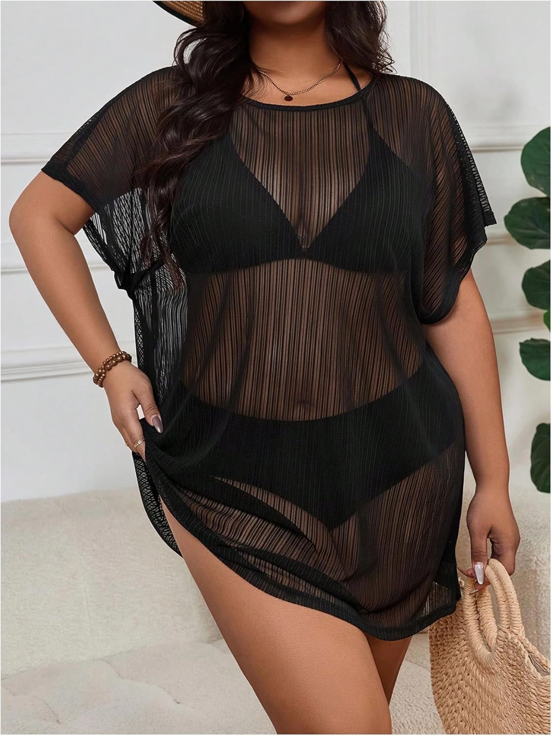 Milumia Women's Plus Size Beach Cover Up Mesh Sheer Short Sleeve Vacation Coverups
