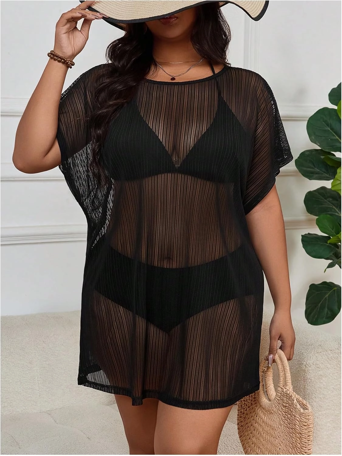 Milumia Women's Plus Size Beach Cover Up Mesh Sheer Short Sleeve Vacation Coverups