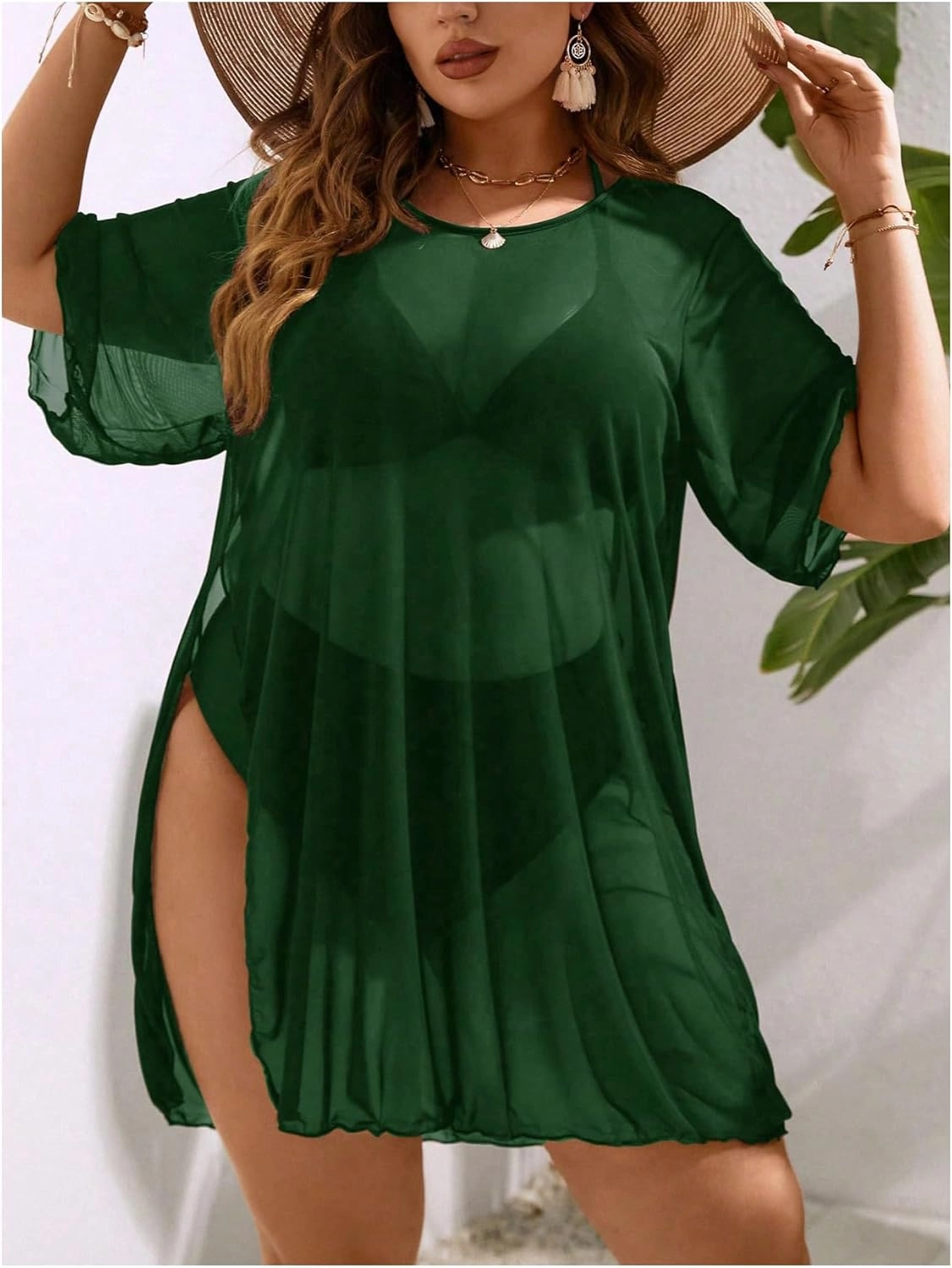 Milumia Women's Plus Size Mesh Split Cover Up Half Sleeve Sheer Beach Dress
